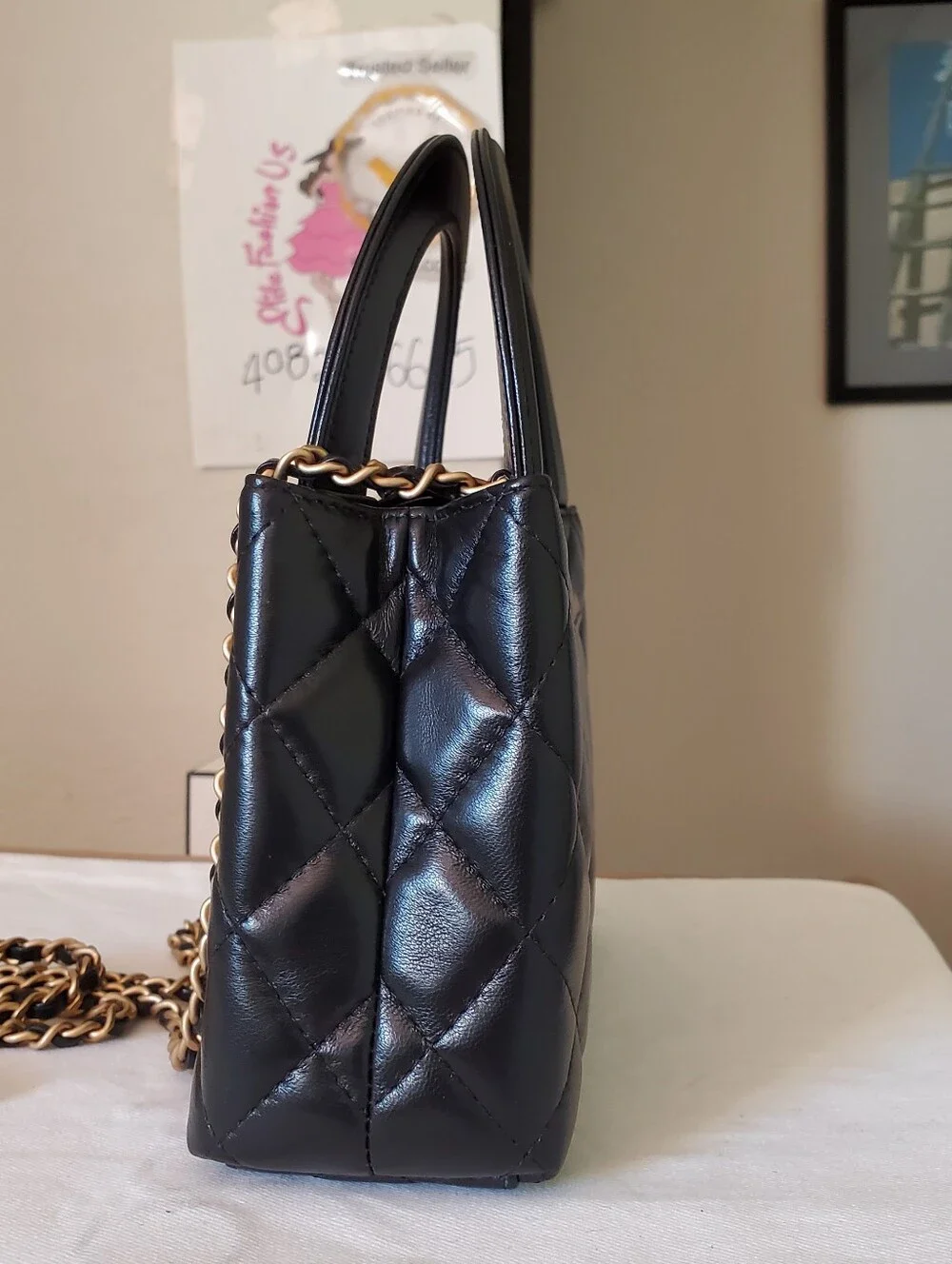 Chanel Kelly Shopping Bag Black Lambskin Gold Hw Receipt, Tag